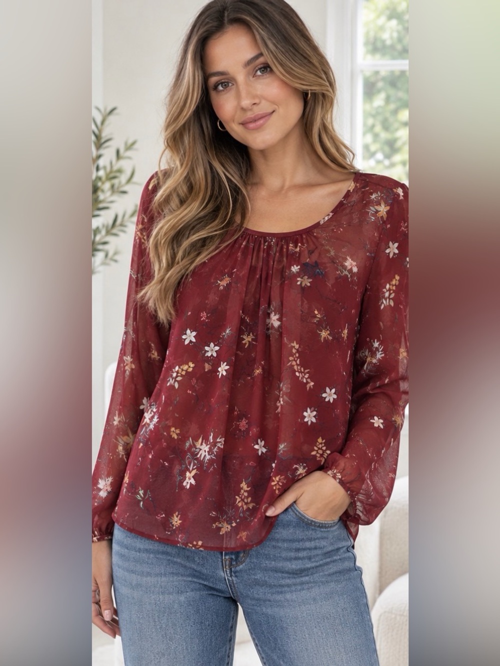 NWT Anthropologie Willow & Clay Burgundy Floral Blouse M
